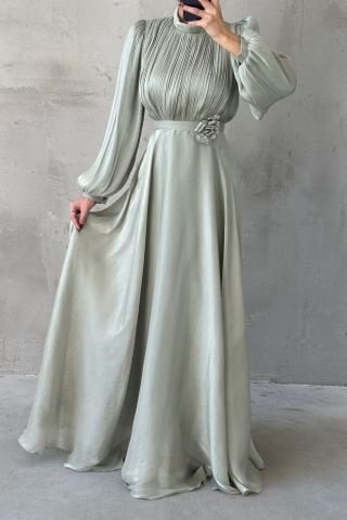 Modern Tasarım Broş Detaylı Tesettür Abiye Mİnt