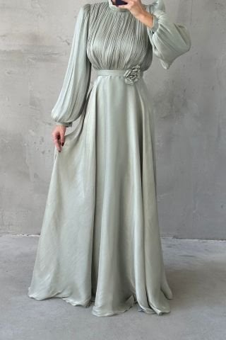 Modern Tasarım Broş Detaylı Tesettür Abiye Mİnt