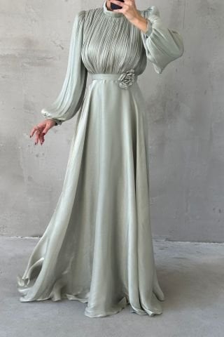 Modern Tasarım Broş Detaylı Tesettür Abiye Mİnt