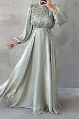 Modern Tasarım Broş Detaylı Tesettür Abiye Mİnt