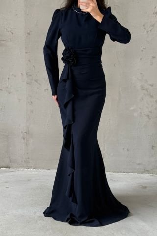 Crepe Hijab Evening Dress with Ruffled Rose Brooch on the Front, Navy Blue