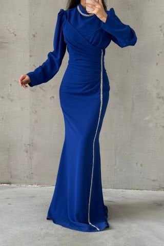 Şık Taş İşlemeli Krep Tesettür Abiye Saks Mavisi