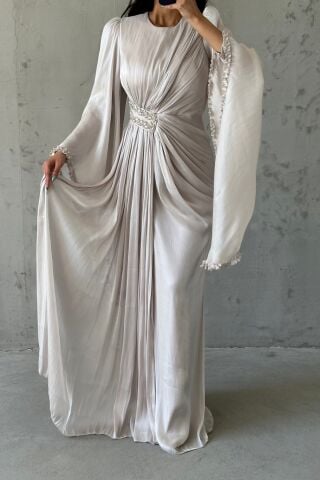 Işıltılı Kol Detaylı Janjan Tesettür Abiye Taş