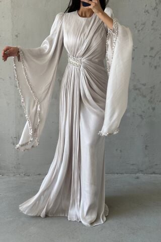 Işıltılı Kol Detaylı Janjan Tesettür Abiye Taş