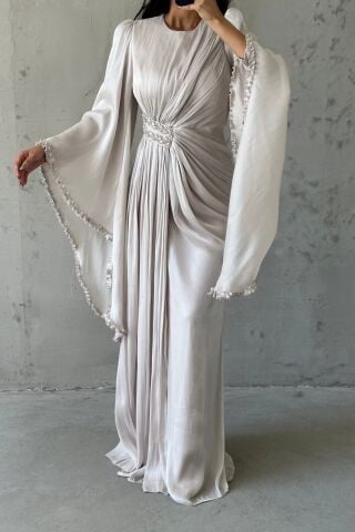 Işıltılı Kol Detaylı Janjan Tesettür Abiye Taş