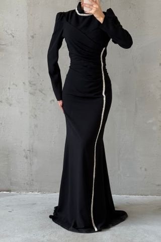 Elegant Stone Embroidered Crepe Hijab Evening Dress Black