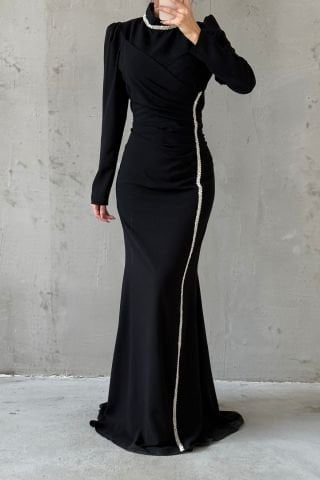 Şık Taş İşlemeli Krep Tesettür Abiye Siyah