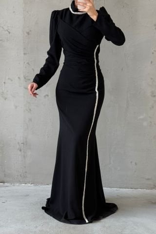 Şık Taş İşlemeli Krep Tesettür Abiye Siyah