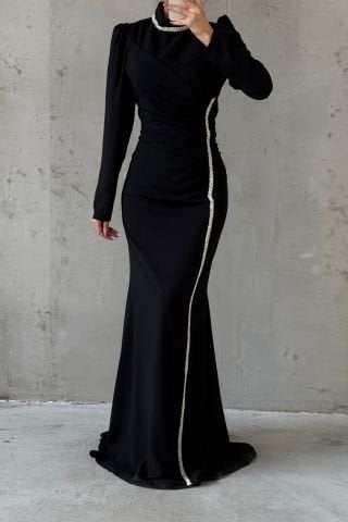 Şık Taş İşlemeli Krep Tesettür Abiye Siyah