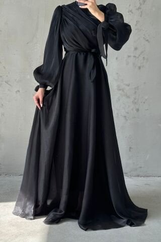 Drapeli Kuşak Detaylı Janjan Kumaş Tesettür Abiye Siyah