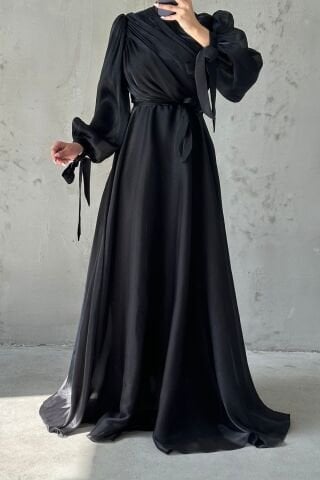 Drapeli Kuşak Detaylı Janjan Kumaş Tesettür Abiye Siyah