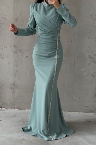 Elegant Stone Embroidered Crepe Hijab Evening Dress Mint Green