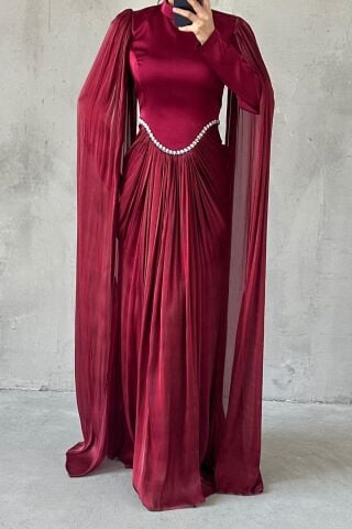 Işıltılı Dokunuş Kol Detaylı Tesettür Abiye Bordo