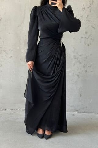 Volan Kol Drapeli Janjan Tesettür Abiye Siyah