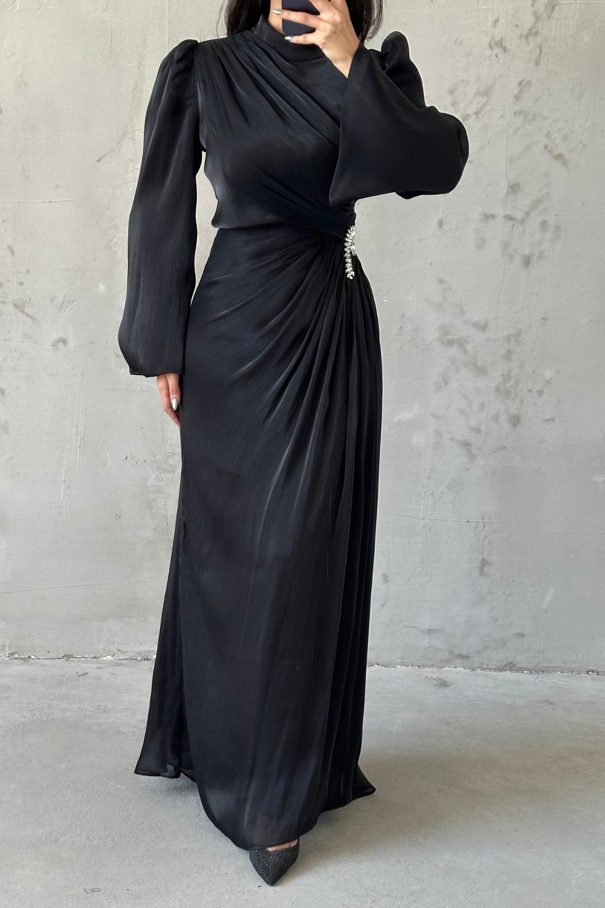 Volan Kol Drapeli Janjan Tesettür Abiye Siyah