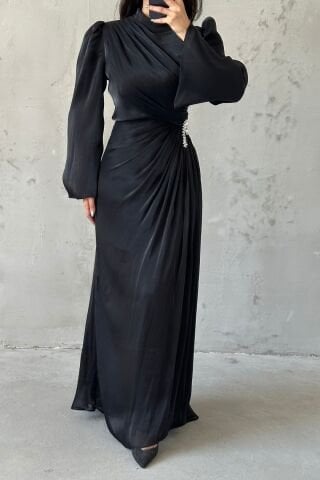 Volan Kol Drapeli Janjan Tesettür Abiye Siyah