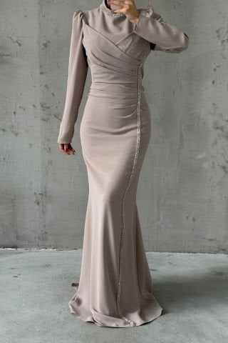 Şık Taş İşlemeli Krep Tesettür Abiye Taş