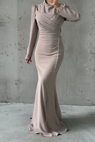 Şık Taş İşlemeli Krep Tesettür Abiye Taş