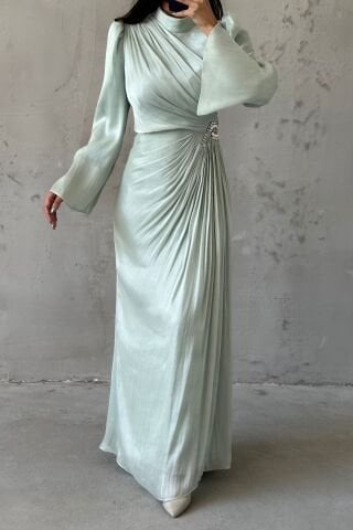 Volan Kol Drapeli Janjan Tesettür Abiye Su Yeşili