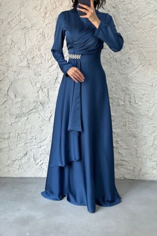 Stone Detailed Hijab Evening Dress Indigo