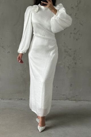 Elegant Rose Brooch Detailed Organza Fabric Hijab Evening Dress White