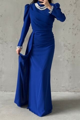 Elegant Crepe Hijab Evening Dress Embellished with Pearls Saxe Blue