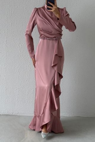 Belden Boncuk Detaylı Saten Tesettür Abiye Gül Kurusu