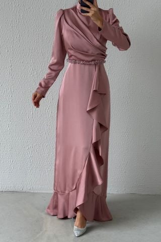 Belden Boncuk Detaylı Saten Tesettür Abiye Gül Kurusu