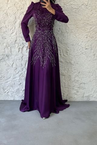 Taş Ve Tüy Detaylı Saten Tesettür Abiye Mor