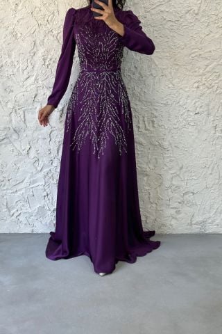 Taş Ve Tüy Detaylı Saten Tesettür Abiye Mor