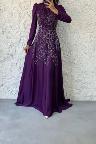Stone and Feather Detailed Satin Hijab Evening Dress Purple 38