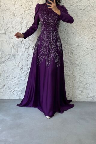 Stone and Feather Detailed Satin Hijab Evening Dress Purple 38