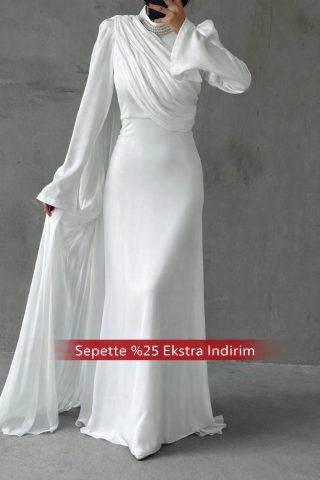 Modern Tasarım Drapeli Taş Detaylı Tesettür Abiye Ekru