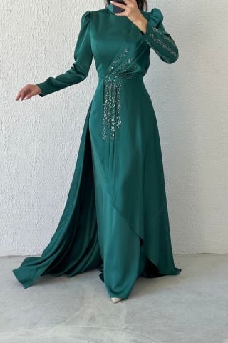 Göz Alıcı Fırfır Taş Detaylı Saten Abiye Zümrüt