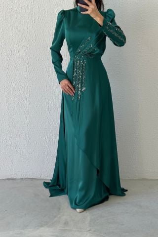 Göz Alıcı Fırfır Taş Detaylı Saten Abiye Zümrüt
