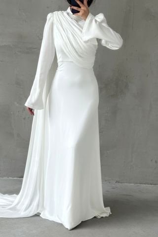 Modern Tasarım Drapeli Taş Detaylı Tesettür Abiye Ekru