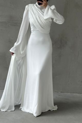 Modern Tasarım Drapeli Taş Detaylı Tesettür Abiye Ekru