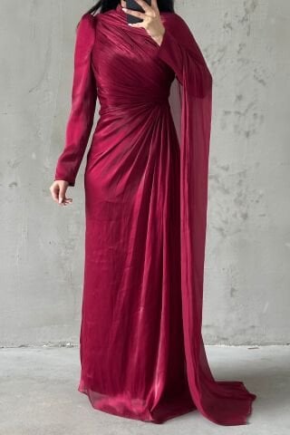 Janjan Hijab Evening Dress with Cape Detail on the Shoulder, Burgundy