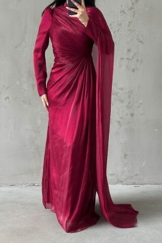 Janjan Hijab Evening Dress with Cape Detail on the Shoulder, Burgundy