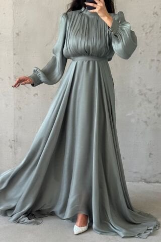 Işıltı Dokunuşlu Janjan Tesettür Abiye Su Yeşili