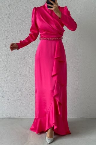 Belden Boncuk Detaylı Saten Tesettür Abiye Fuşya