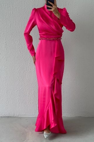 Belden Boncuk Detaylı Saten Tesettür Abiye Fuşya