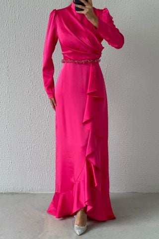 Belden Boncuk Detaylı Saten Tesettür Abiye Fuşya