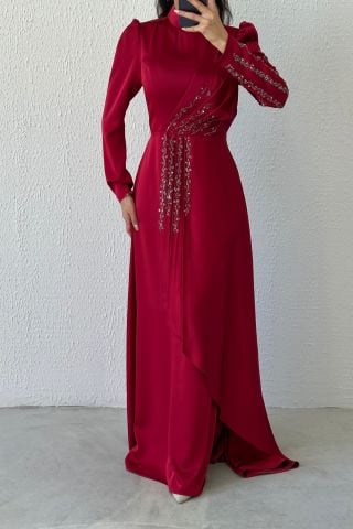 Göz Alıcı Fırfır Taş Detaylı Saten Abiye Bordo