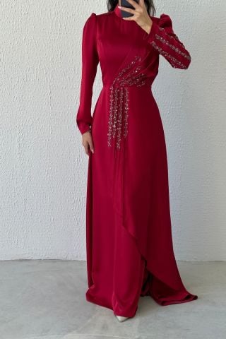 Göz Alıcı Fırfır Taş Detaylı Saten Abiye Bordo