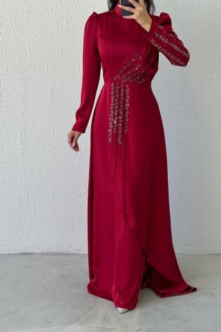 Göz Alıcı Fırfır Taş Detaylı Saten Abiye Bordo
