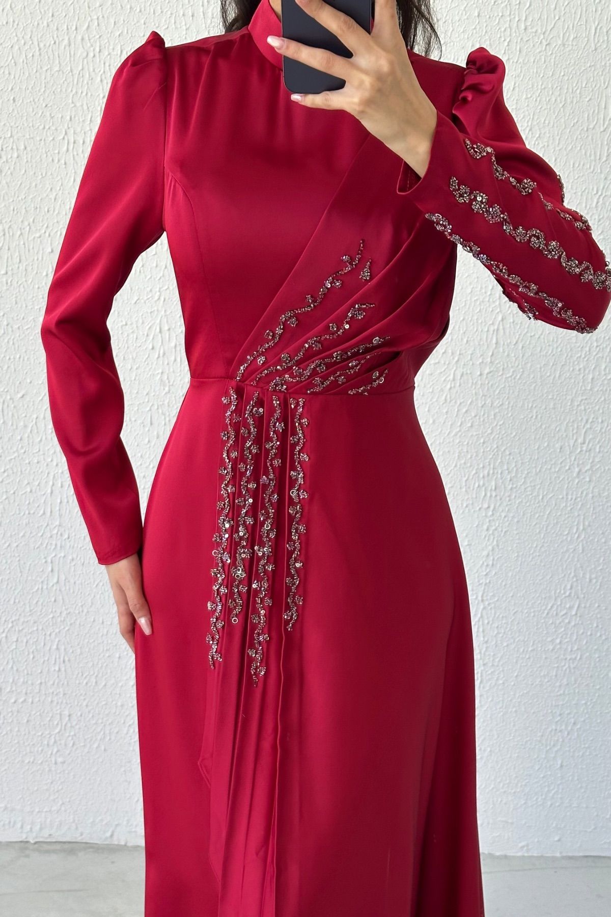 Glamorous Ruffle Stone Detailed Satin Evening Dress Claret Red