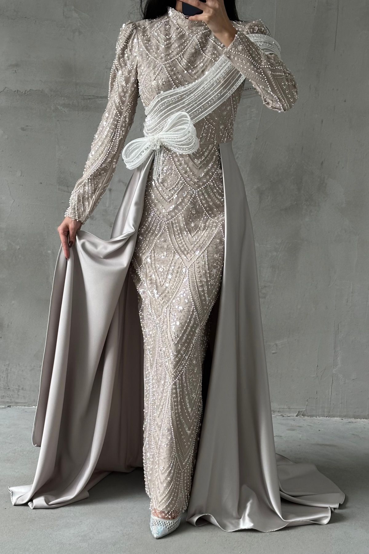 Sequin Embroidered Shawl Detailed Hijab Evening Dress Stone