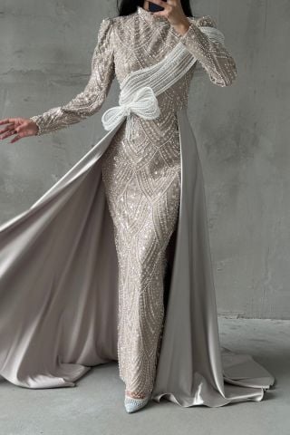 Sequin Embroidered Shawl Detailed Hijab Evening Dress Stone