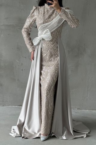 Sequin Embroidered Shawl Detailed Hijab Evening Dress Stone